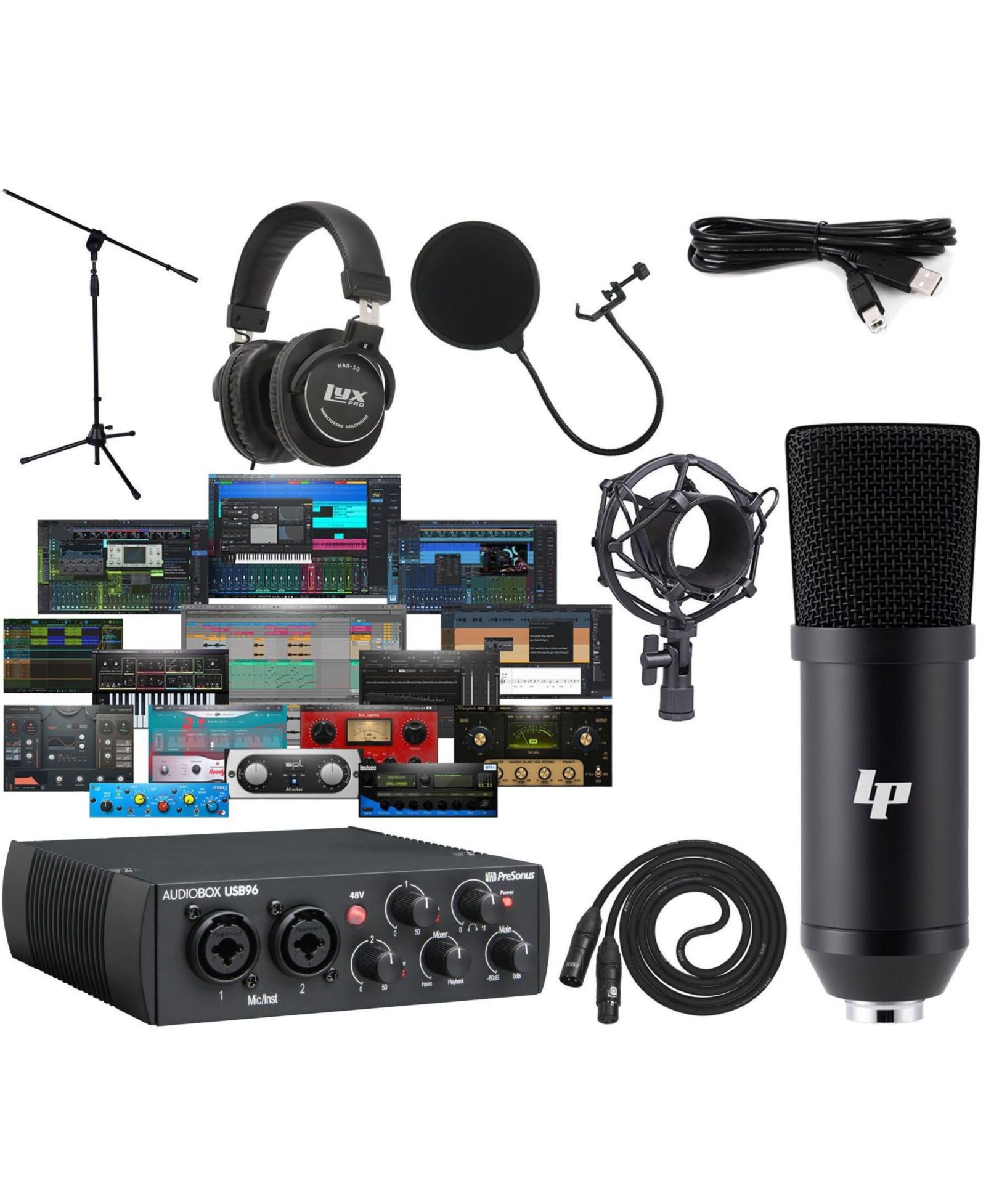 Студийный комплект LyxPro AudioBox 96 USB 2.0 – интерфейс, микрофон, наушники, стойка и Studio One