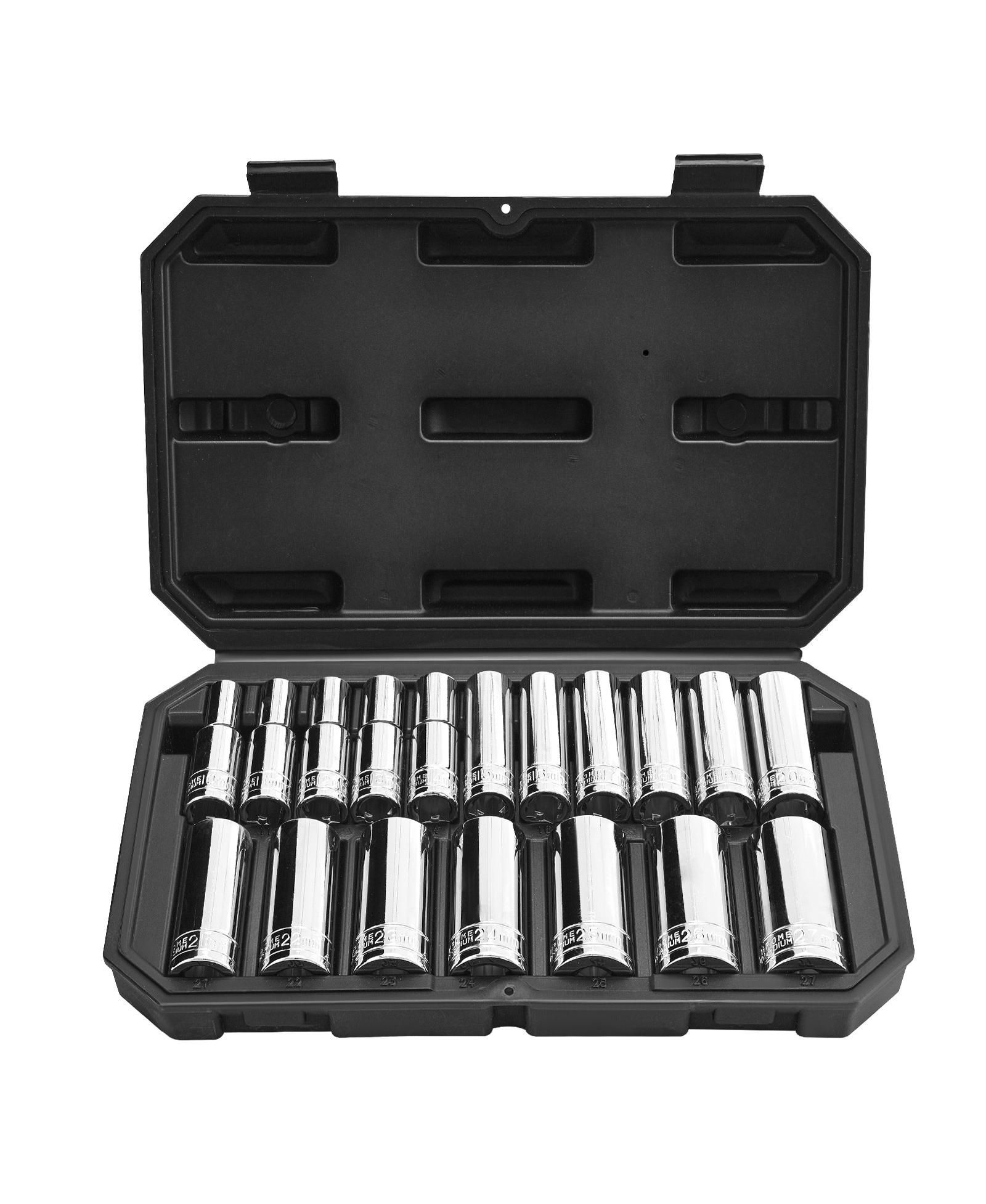 Набор торцевых головок Mecale 18-Pc 1/2" Metric, 10–27mm, CR-V Steel, Chrome Finish, Case
