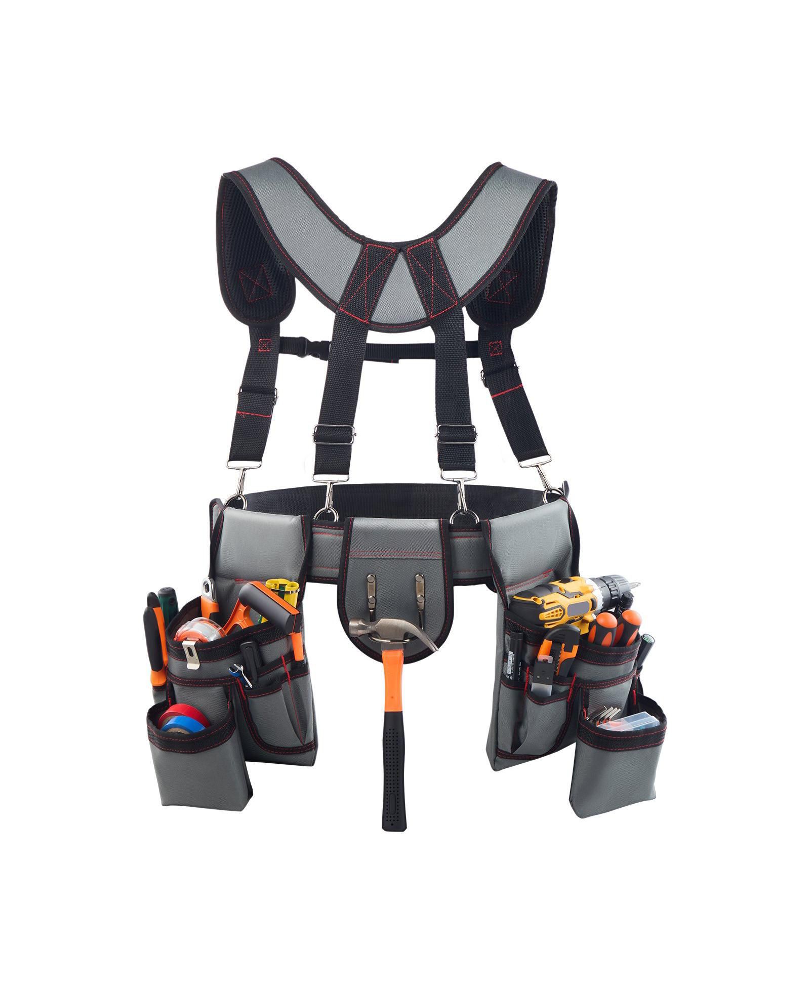 Mecale Tool Belt with Suspenders, 22 Pockets Heavy-Duty Tool Pouch, Adjustable Waist 32–68 in, Work Apron Organizer