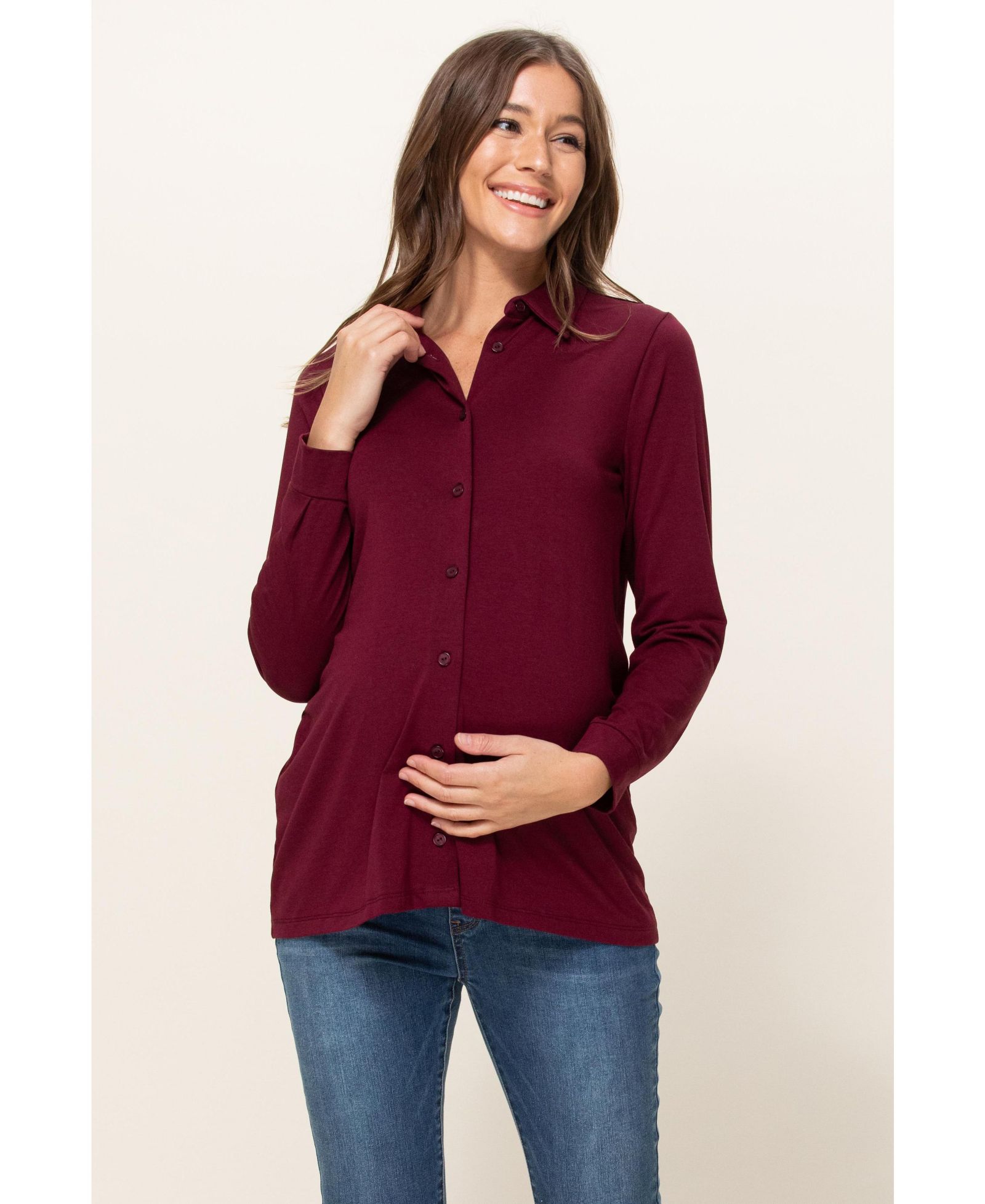 Hello Miz Maternity Button Up Collared Long Sleeve Top