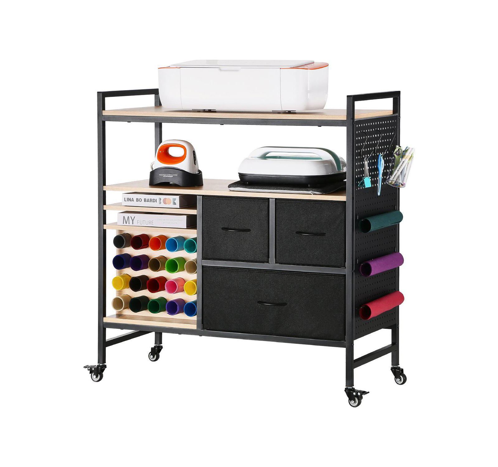 Mecale Rolling Craft Cart & Storage Table for Cricut Machines, 20 Vinyl Roll Holders, 3 Drawers, Craft Organizer Workstation, Black