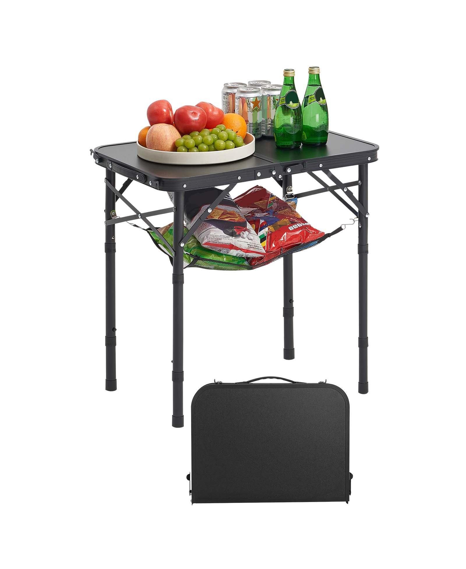 Mecale Folding Camping Table, Adjustable Height Aluminum & MDF with Mesh Shelf, Carry Handle, 24x16", Black