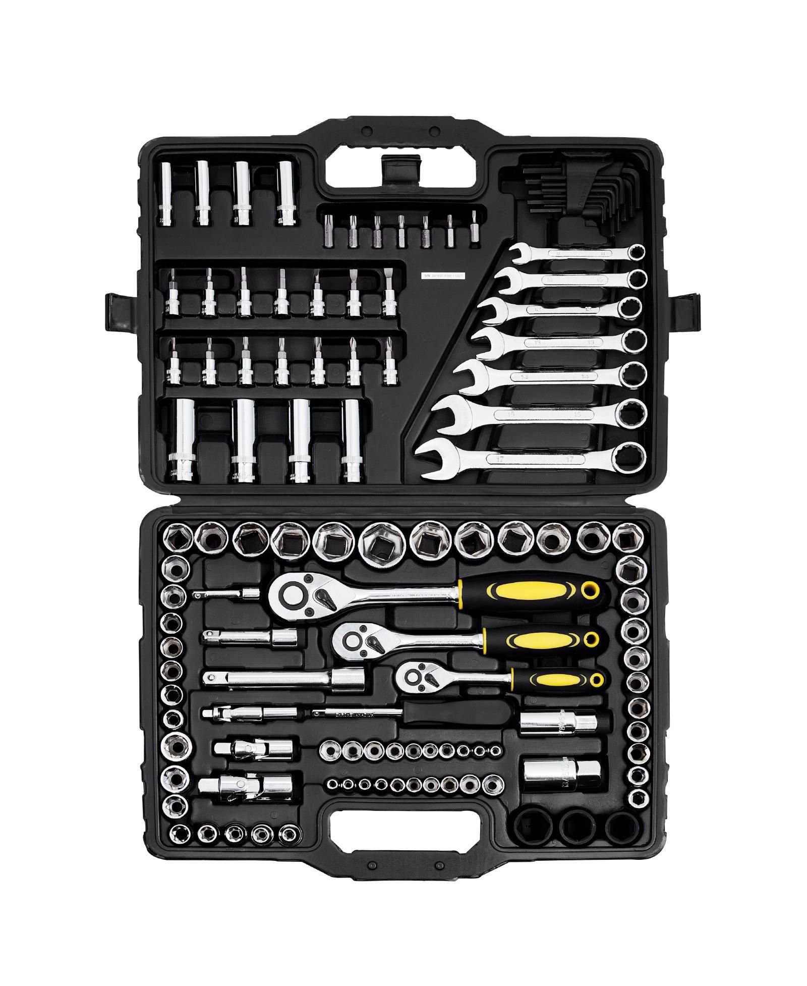 Mecale 121-Piece Mechanics Tool Set, 1/4" 3/8" 1/2" Drive SAE & Metric Sockets, Bits, Wrenches, Ratchet, Plastic Case