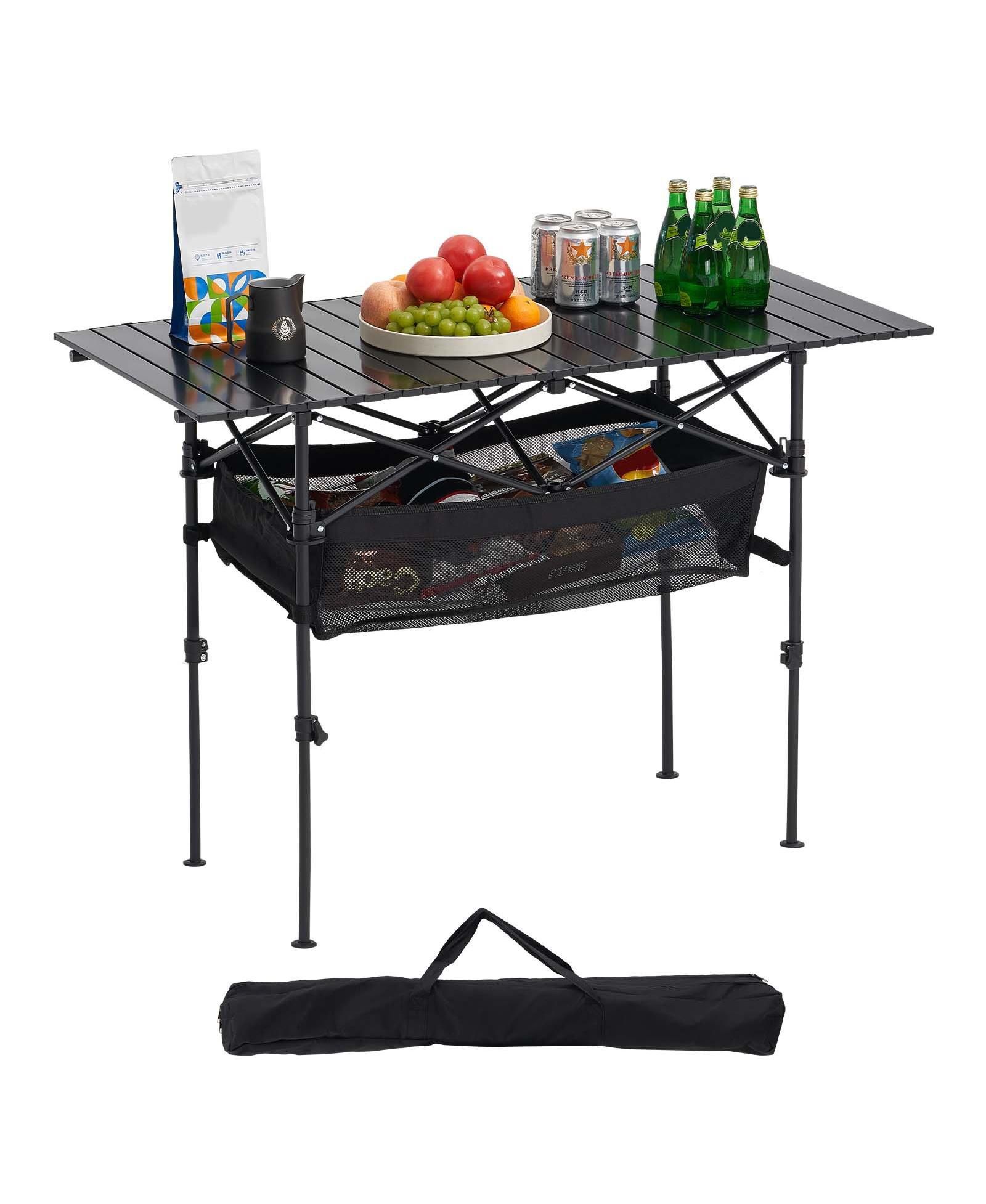 Mecale Roll-Up Folding Camping Table, Adjustable Height Aluminum, Storage Bag & Carry Bag, Black