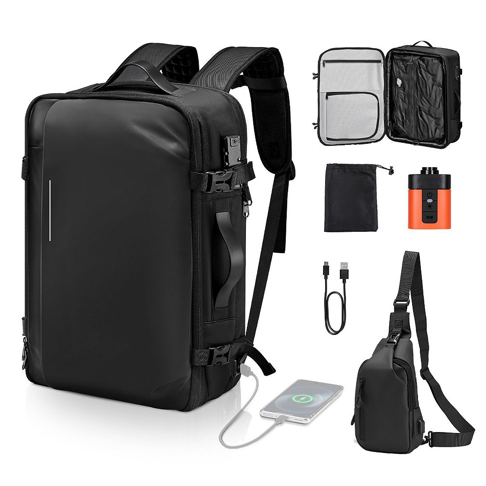 Mecale 65L Expandable Vacuum Seal Compression Travel Backpack with Pump, TSA-Approved Lock, Water-Resistant Carry-On Luggage, Black