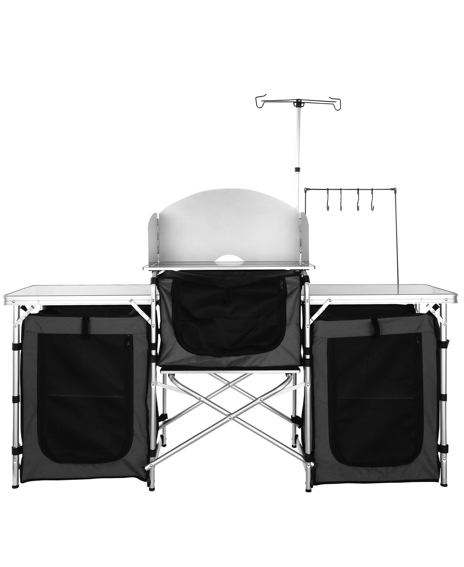 Mecale Camping Kitchen Table, Folding Outdoor Cook Station with 3 Cupboards & Windscreen, Carry Bag, Black