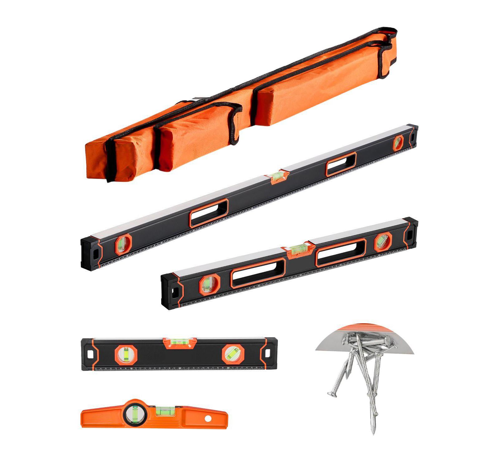 Mecale 4-Piece Magnetic Box Level Set, 48/24/16/10", Light-Up Bubble Vials, 45/90/180° Ruler, SAE/Metric Scale, Aluminum Alloy