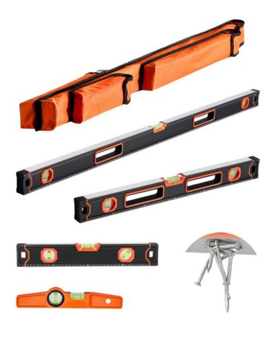 Mecale 4-Piece Magnetic Box Level Set, 48/24/16/10", Light-Up Bubble Vials, 45/90/180° Ruler, SAE/Metric Scale, Aluminum Alloy