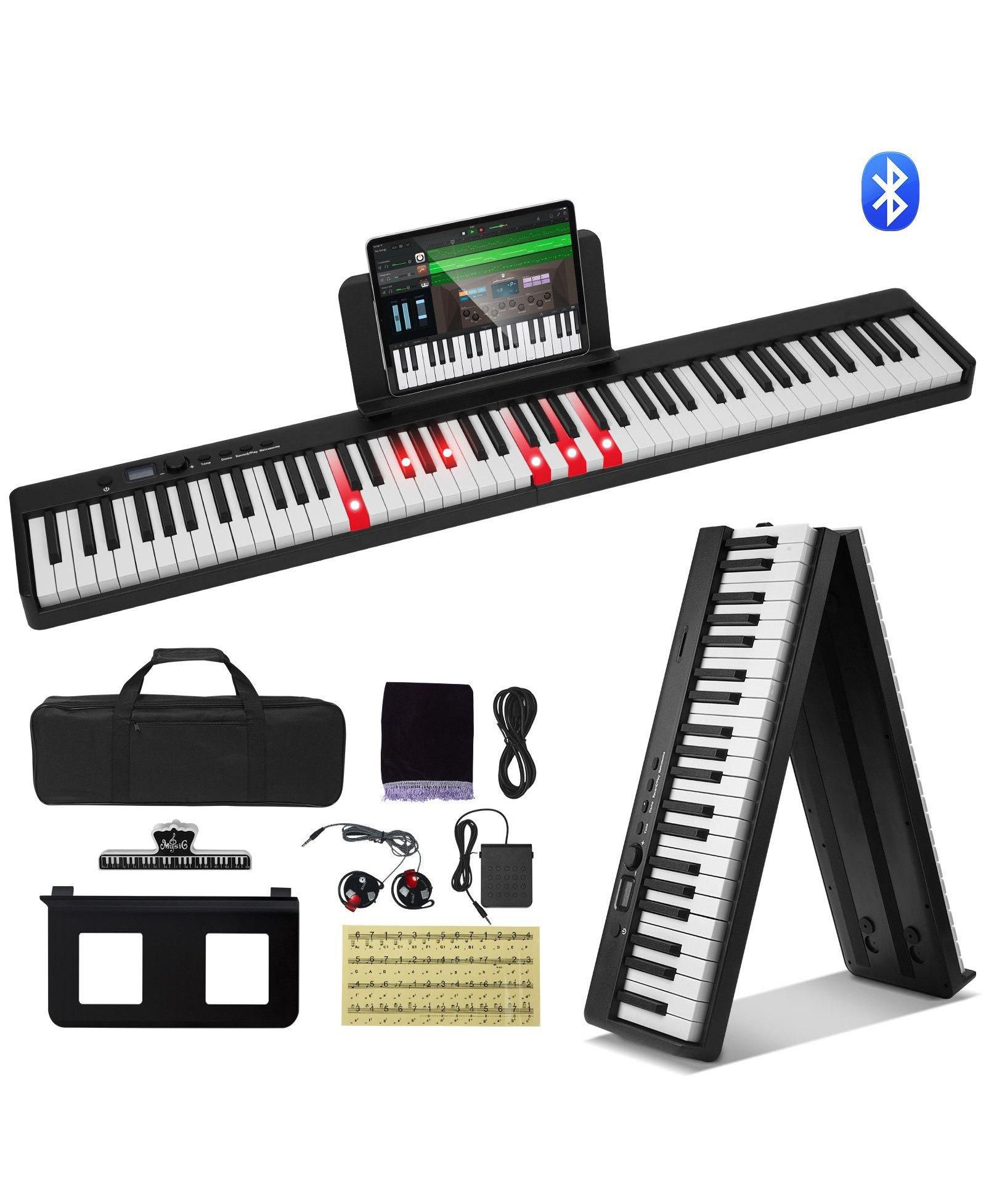 Mecale 88-Key Folding Keyboard Piano, Bluetooth & MIDI, Touch Sensitive, Rechargeable with Pedal, Bag & Headphones, Black