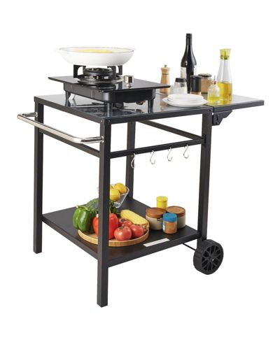 Mecale Outdoor Grill Prep Cart, Double-Shelf Folding Iron Table with Wheels, Carry Handle, for BBQ & Pizza Oven