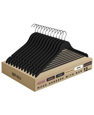 BP4U 12-Pack Premium Wooden Suit Hangers with Non-Slip Pant Bar, Heavy Duty Solid Wood Coat Hangers for Jackets, Shirts, Dresses, Trousers