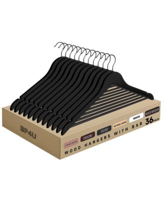 BP4U 36-Pack Premium Wooden Suit Hangers with Non-Slip Pant Bar, Heavy Duty Solid Wood Coat Hangers for Jackets, Shirts, Dresses, Trousers