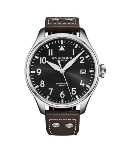 Stuhrling Airman 4078 Men s Quartz Pilot Watch, 43mm Alloy Case with Leather Strap