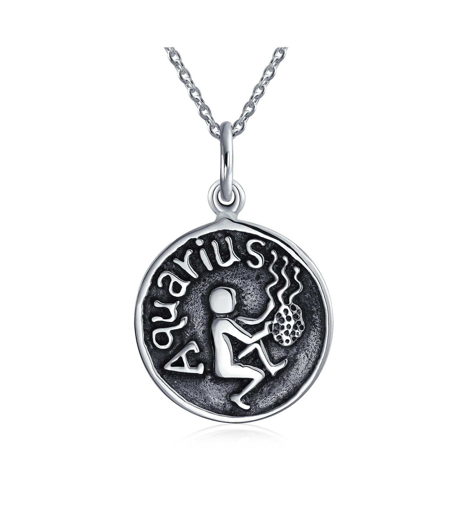 Bling Jewelry Aquarius Zodiac Round Medallion Pendant Necklace Antiqued .925 Sterling Silver