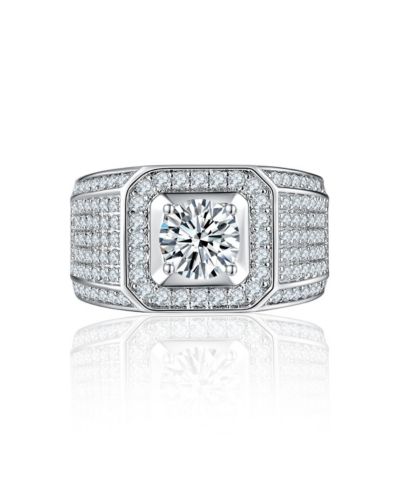 Bling Jewelry Statement Halo Square Solitaire Men's Ring Micro Pave Band Silver Plated