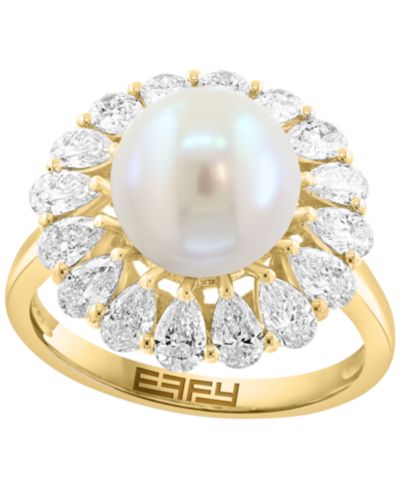 EFFY Collection Lab Grown Diamond (1-1/2 ct. t.w.) & Freshwater Pearl (9mm) Ring in 14k Gold Over Sterling Silver
