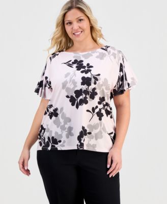 Anne Klein Plus Size Printed Flutter-Sleeve Top