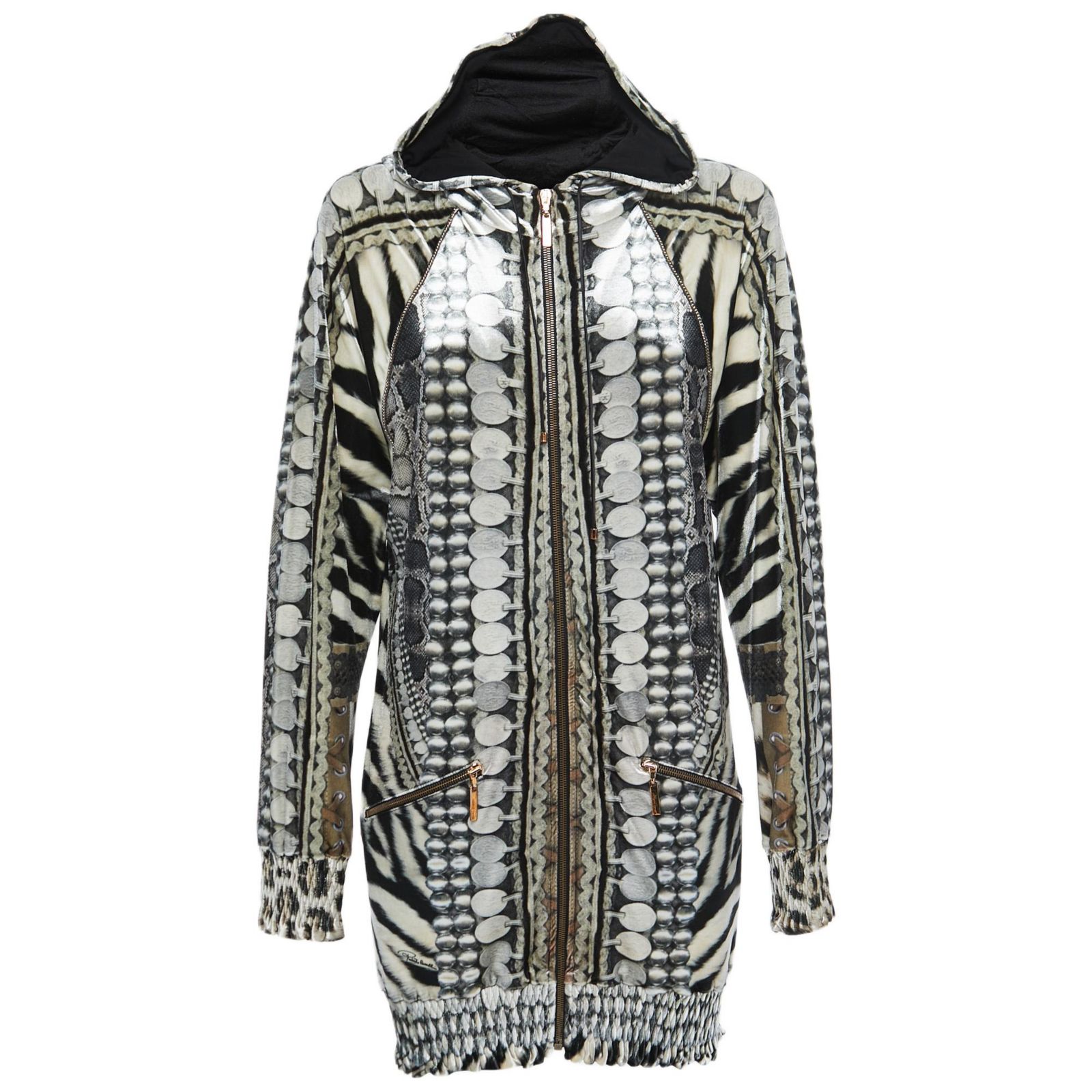 Б/у женская куртка Roberto Cavalli с капюшоном и молнией, бархат, черно-белый принт