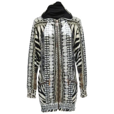 Б/у женская куртка Roberto Cavalli с капюшоном и молнией, бархат, черно-белый принт
