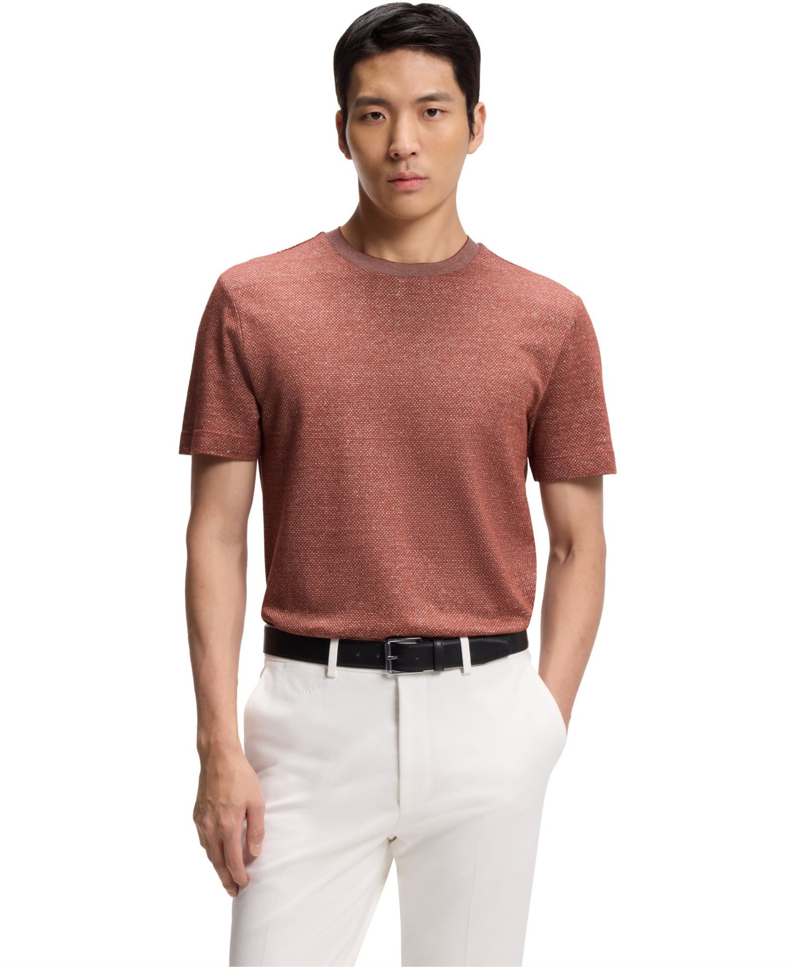 BOSS by Hugo Boss Men's Cotton, Linen Silk Mouliné-Structured T-Shirt