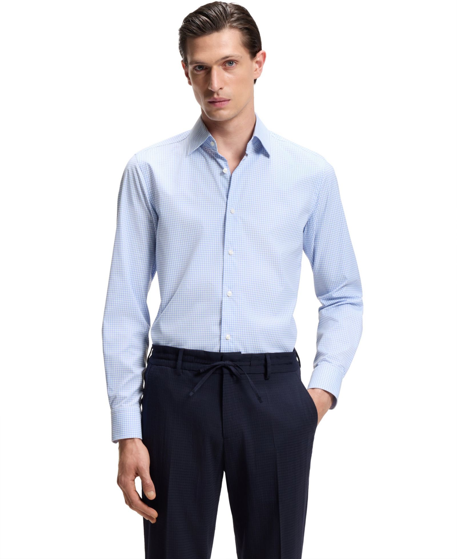 Мужская классическая рубашка BOSS slim-fit с клетчатым принтом и эффектом stretch