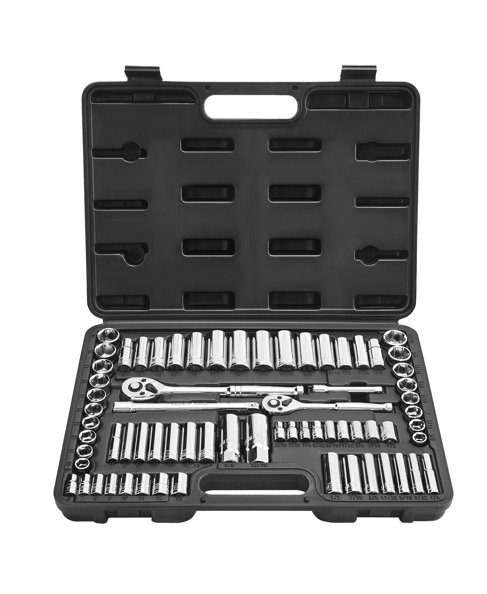 Mecale 69-Piece Socket & Ratchet Set, 1/4" & 3/8" Drive SAE & Metric, Deep & Standard, Accessories, Storage Case