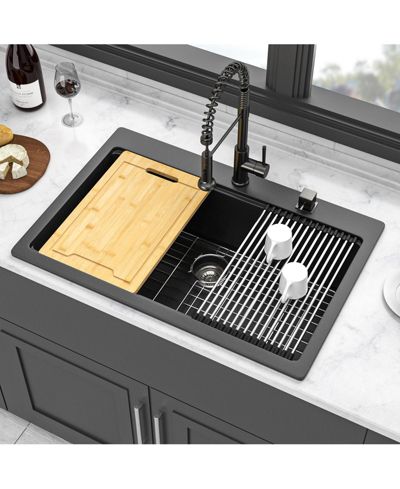 flynama 33x22x9.65 Inch Black Granite Composite Quartz Workstation Drop In Kitchen Sink