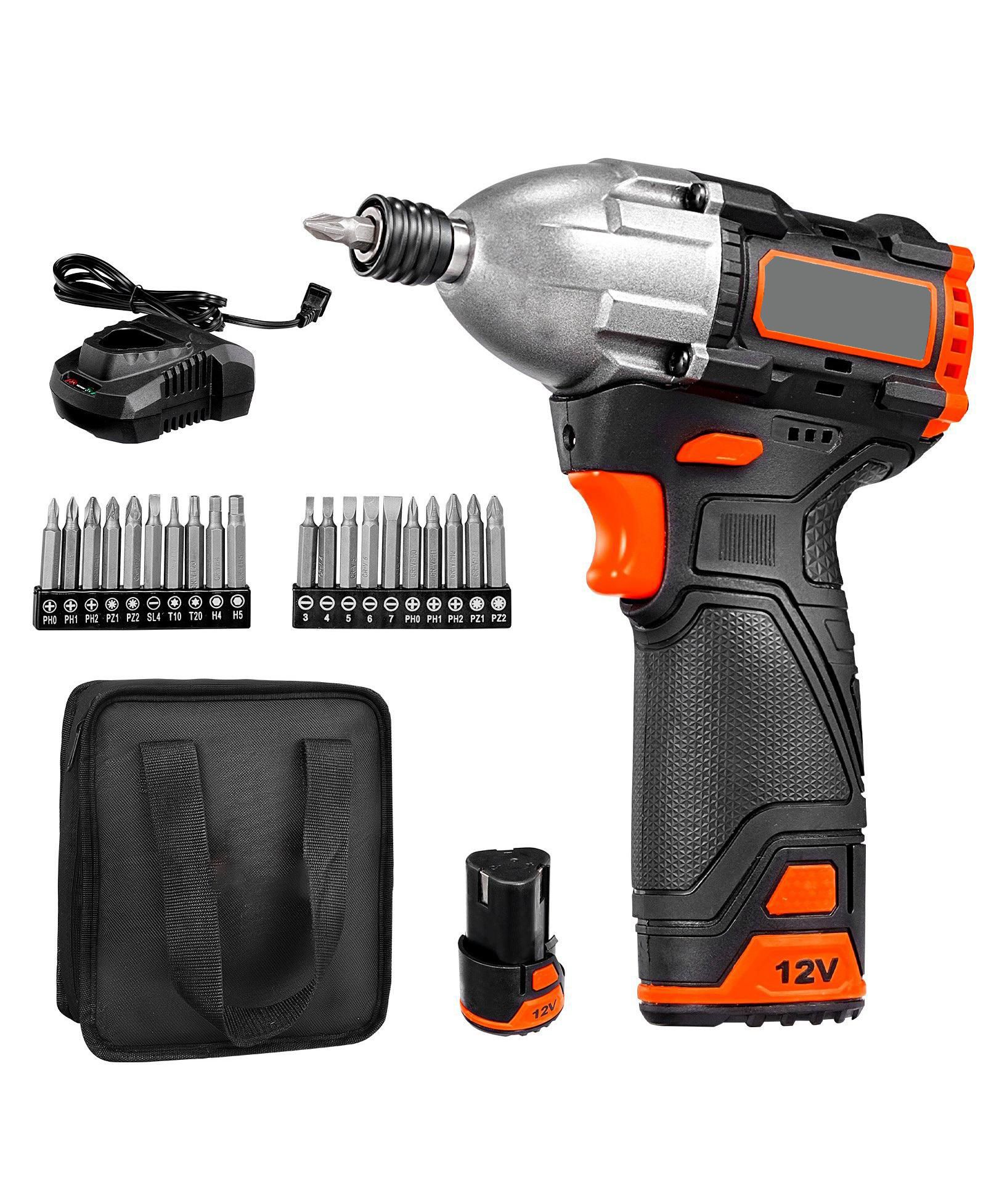 Mecale 12V Brushless 1/4" Impact Driver Kit, 3000 RPM Max, Battery & Charger, 20 Bits, LED Work Light, Cordless Impact Driver