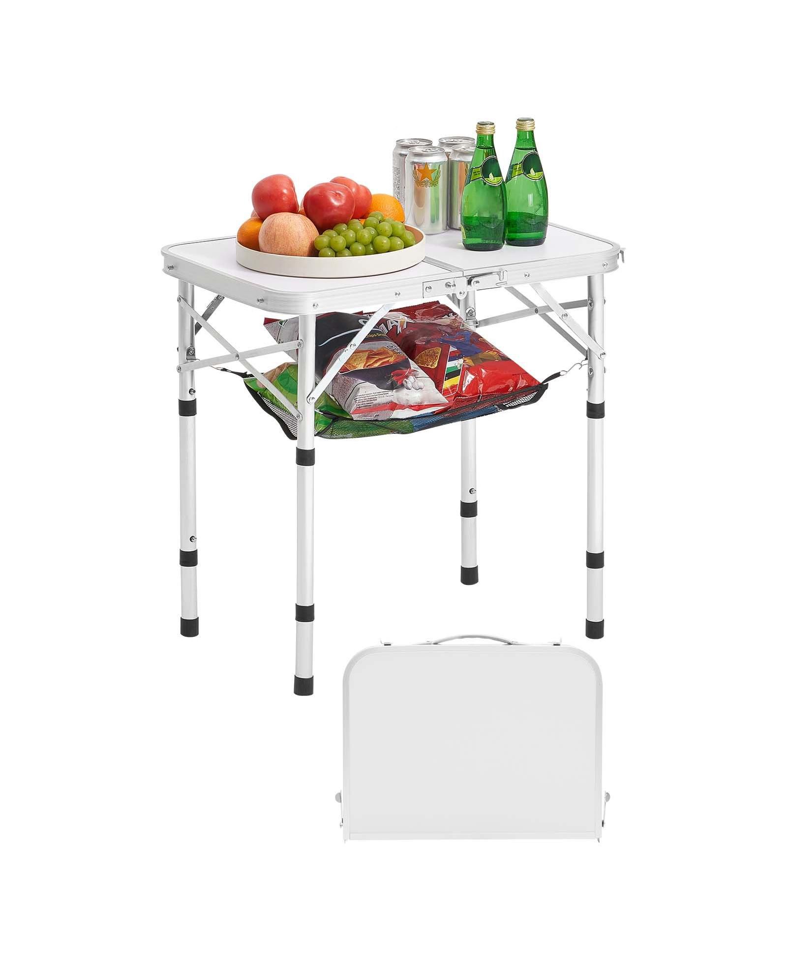 Mecale Folding Camping Table, Adjustable Height Aluminum & MDF with Mesh Shelf, Carry Handle, 24x16", Silver