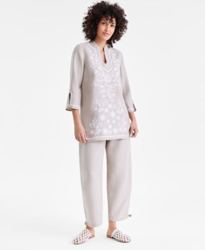 Туника женская Charter Club 100% Linen Embroidered 3/4-Sleeve