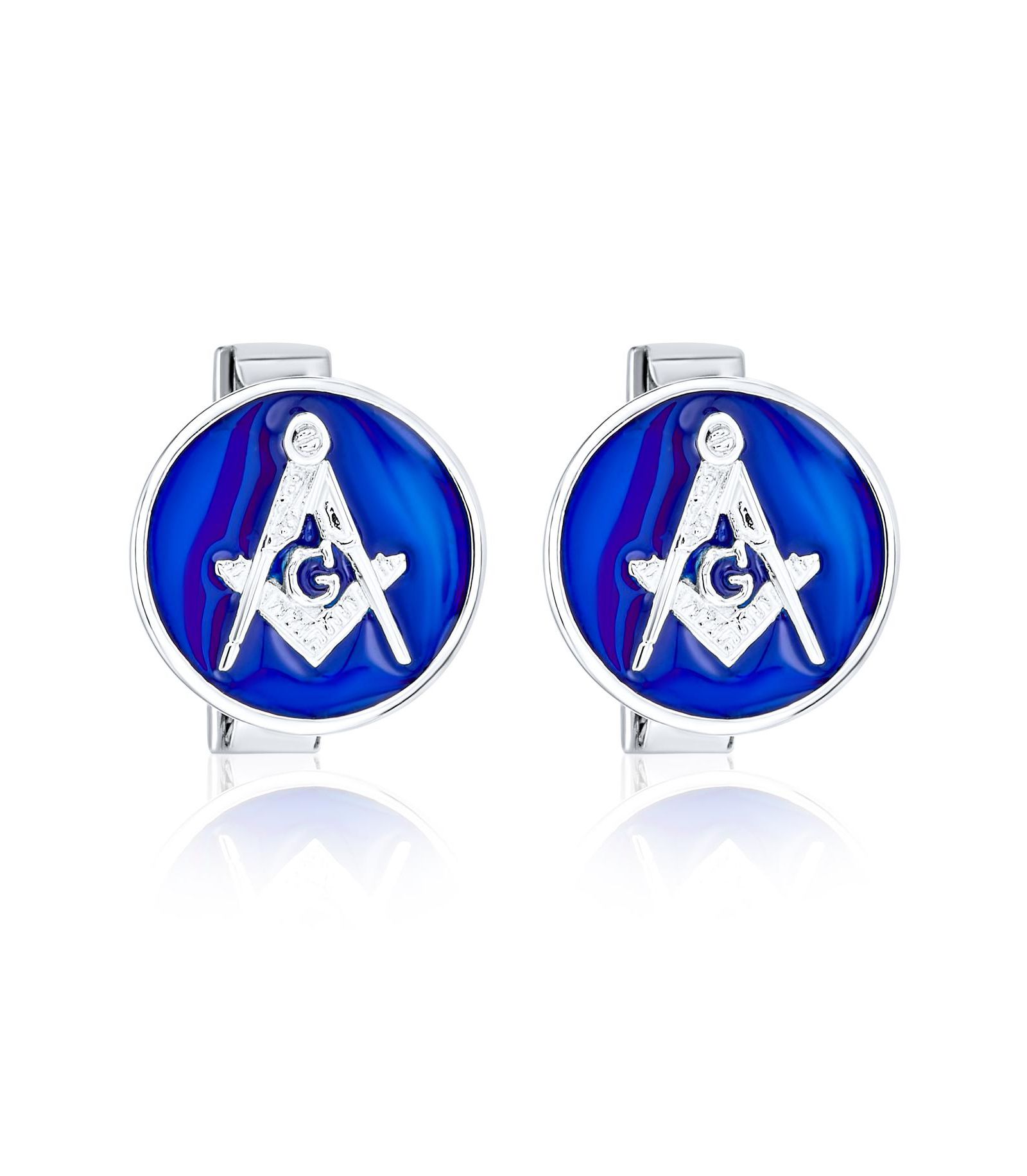 Bling Jewelry Freemasons Compass Masonic Cufflinks Blue Enamel .925 Sterling Silver