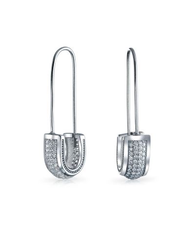 Bling Jewelry Cubic Zirconia Pave CZ Safety Pin Threader Earrings Black Plated .925 Sterling Silver