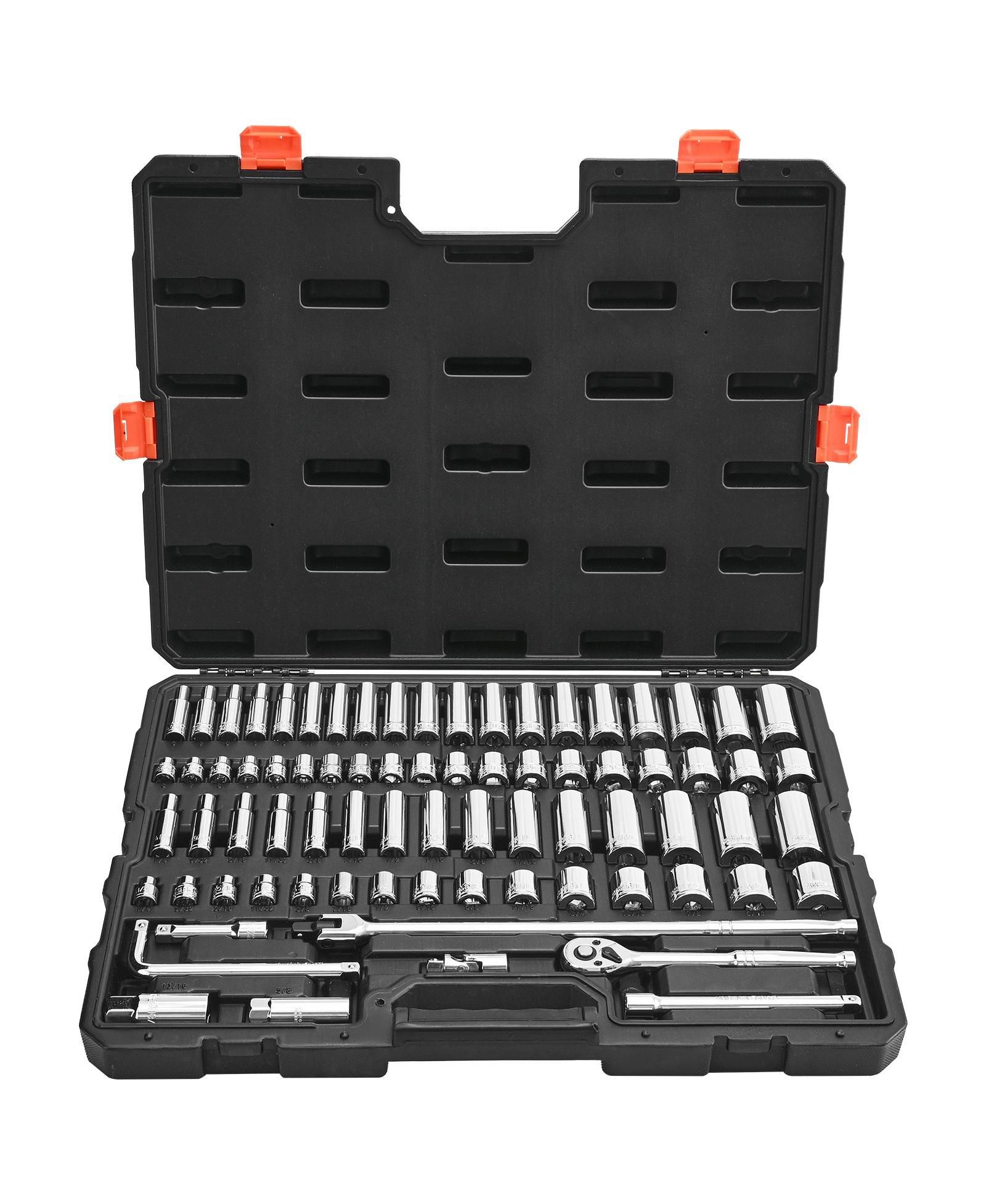 Mecale 76-Piece 3/8" Drive Socket & Ratchet Set, SAE & Metric, Deep & Shallow, Accessories, Storage Case, CR-V Alloy Steel