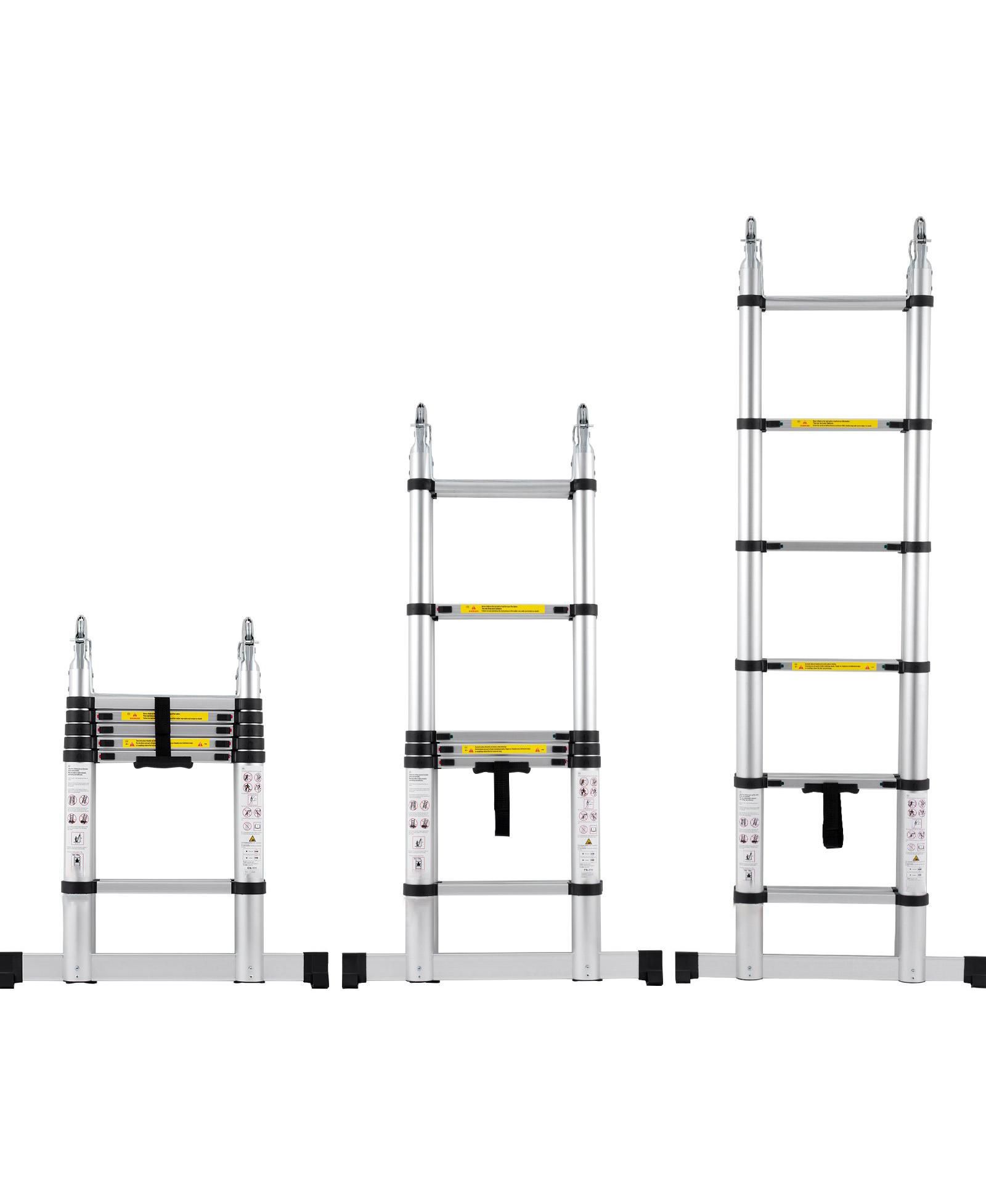 Mecale 12.5 ft Telescoping A-Frame Ladder, Aluminum Multi-Button Retraction, 375 lb Capacity, Stabilizer Bar, Lightweight Extension Ladder