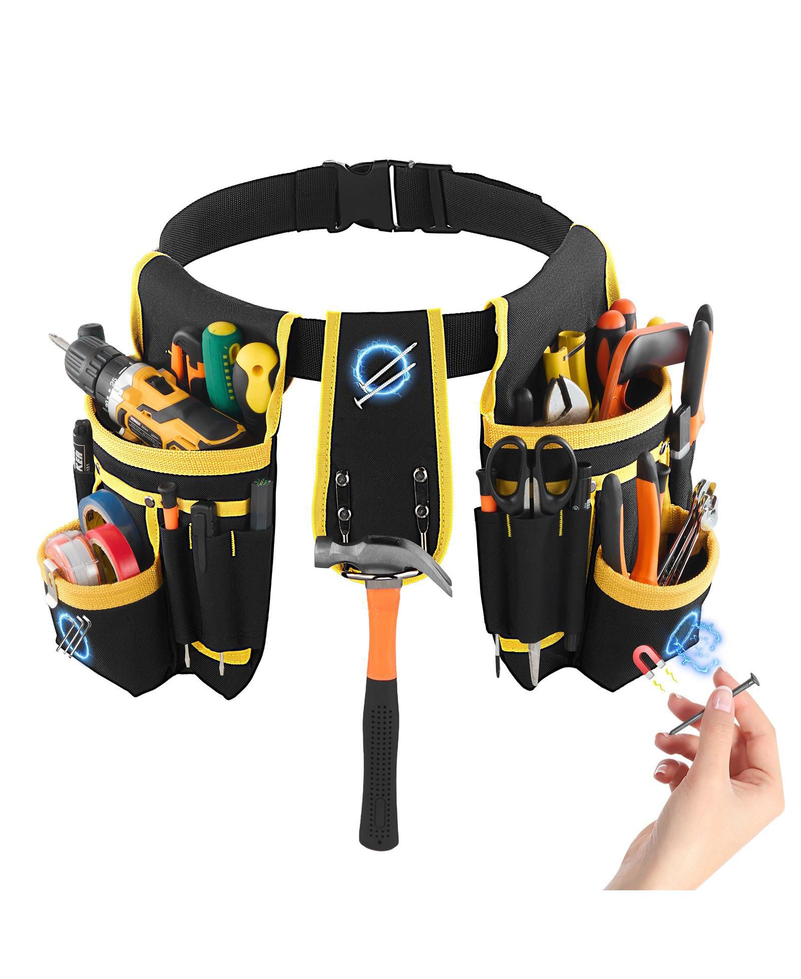 Magnetic Tool Belt Pouch, 28 Pockets Heavy-Duty Utility Tool Belt, Detachable Work Bag, Adjustable Waist 31–48 in