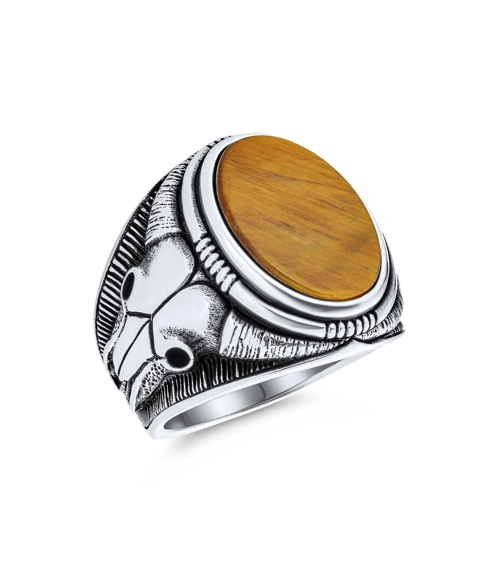 Bling Jewelry Men's Eye Oval Western Texas Longhorn Skull Signet Ring .925 Sterling Silver