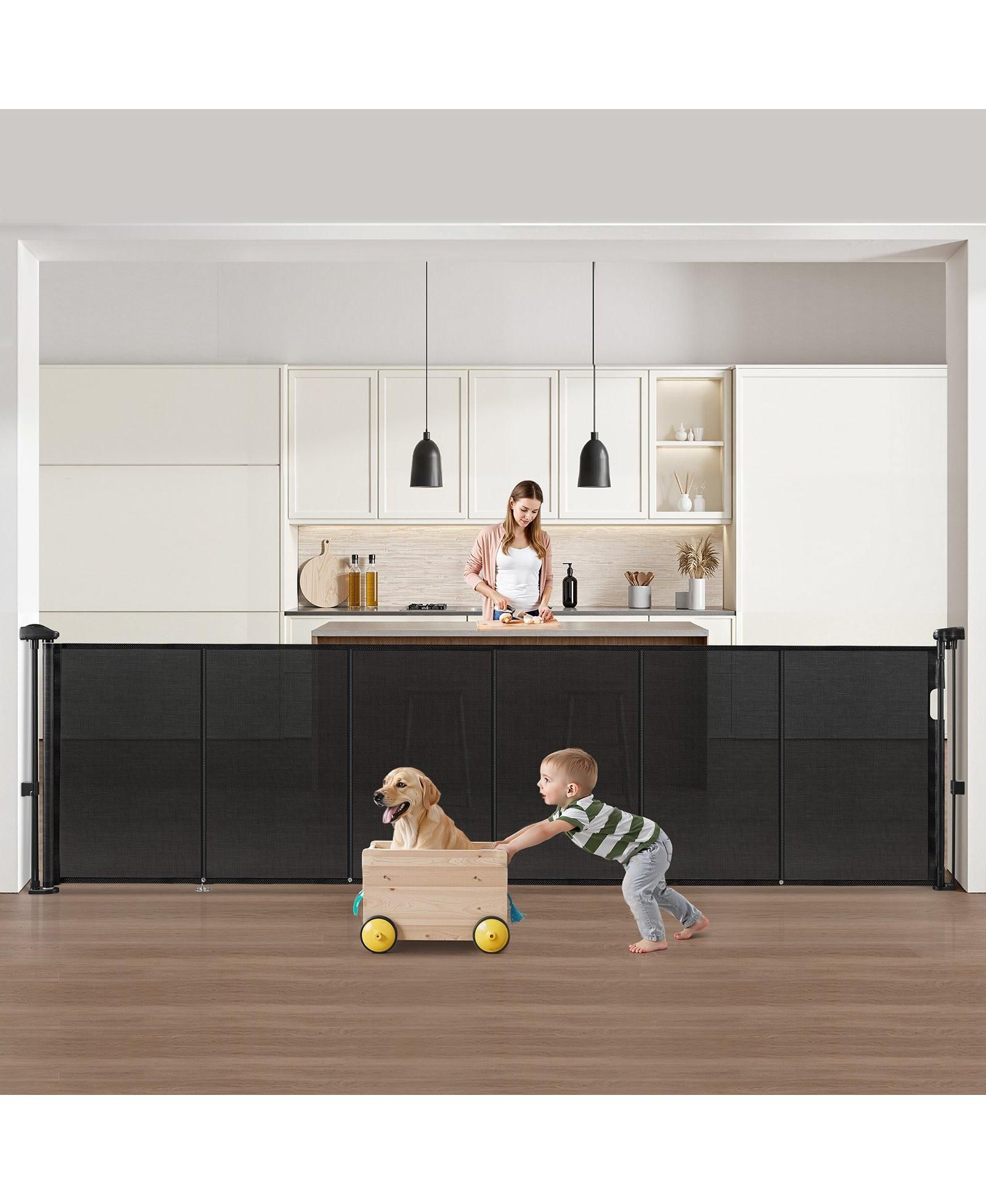 COZITO Retractable Baby Gate, 34 in Tall, Extends up to 110 in Wide, Mesh Safety Gate for Kids/Pets, Easy Install for Stairs & Doorways, Black