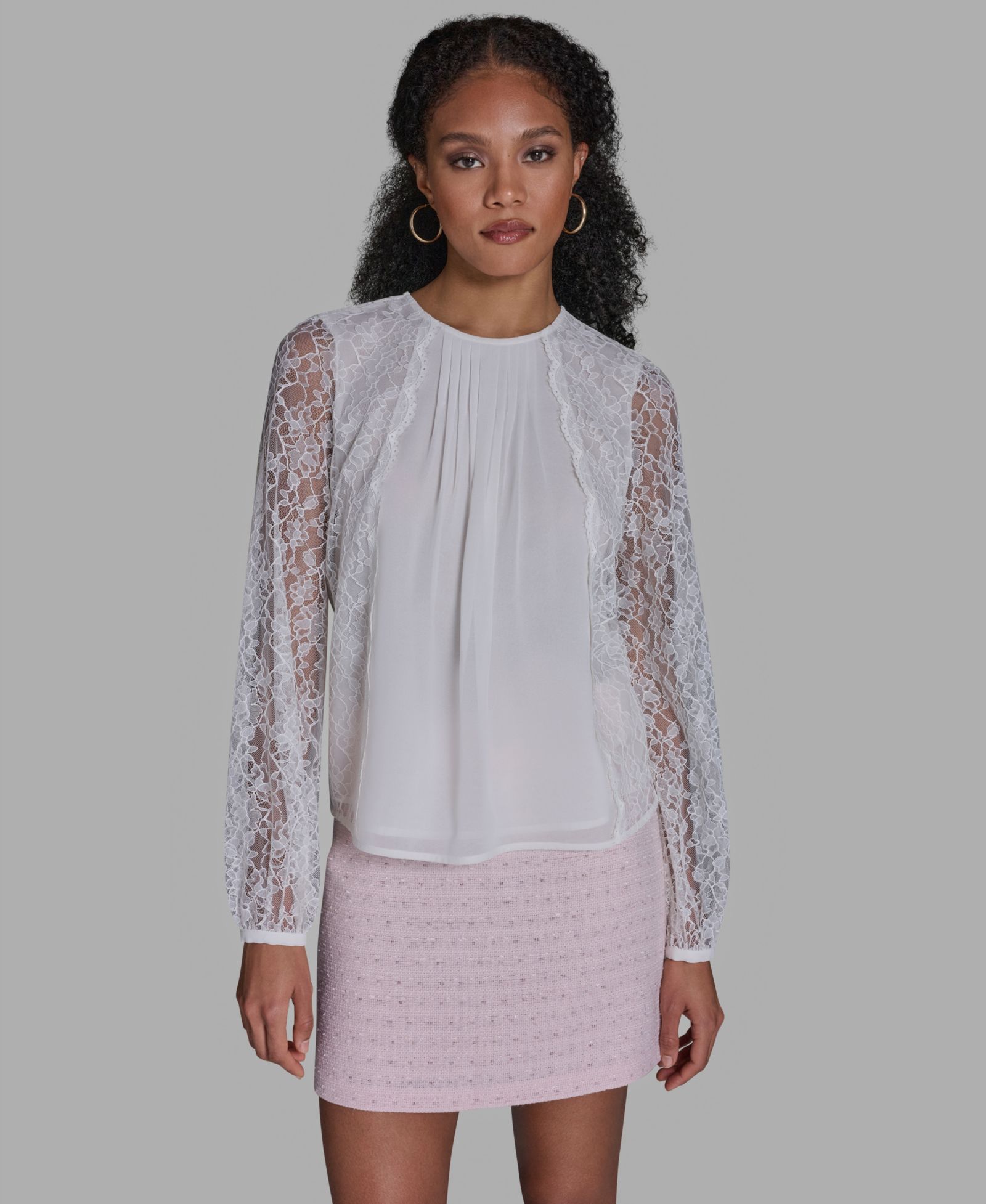 BCBG Women's Crewneck Long-Sleeve Lace Top