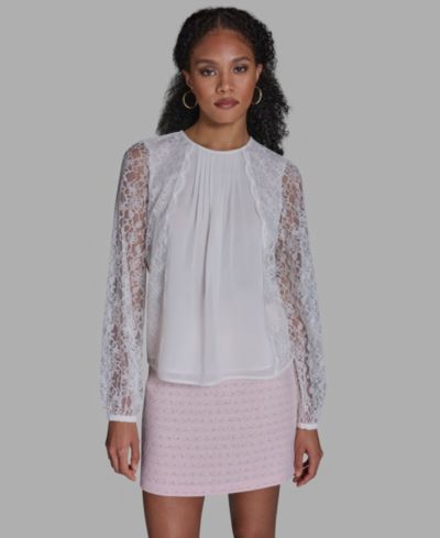 BCBG Women's Crewneck Long-Sleeve Lace Top
