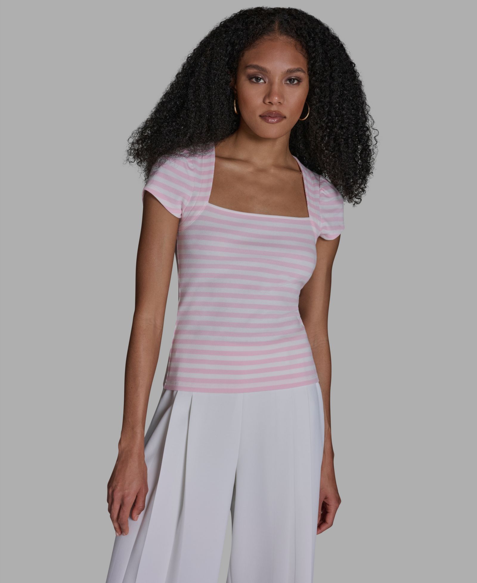 BCBG Women's Short-Sleeve Square Neck Striped Top