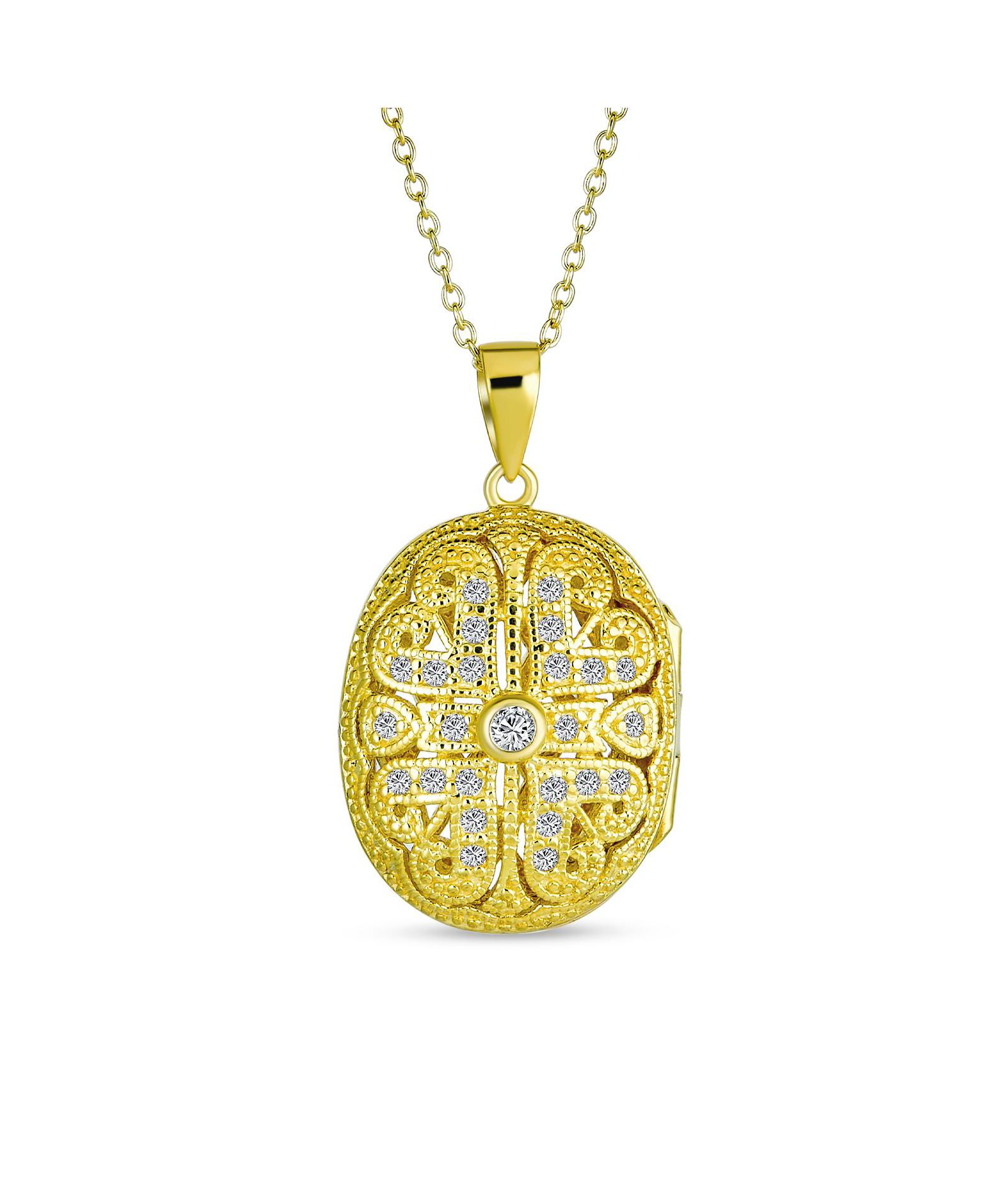 Ожерелье-кулон Bling Jewelry Antique Style Heart & Clover Oval Locket Gold Plated Sterling Silver