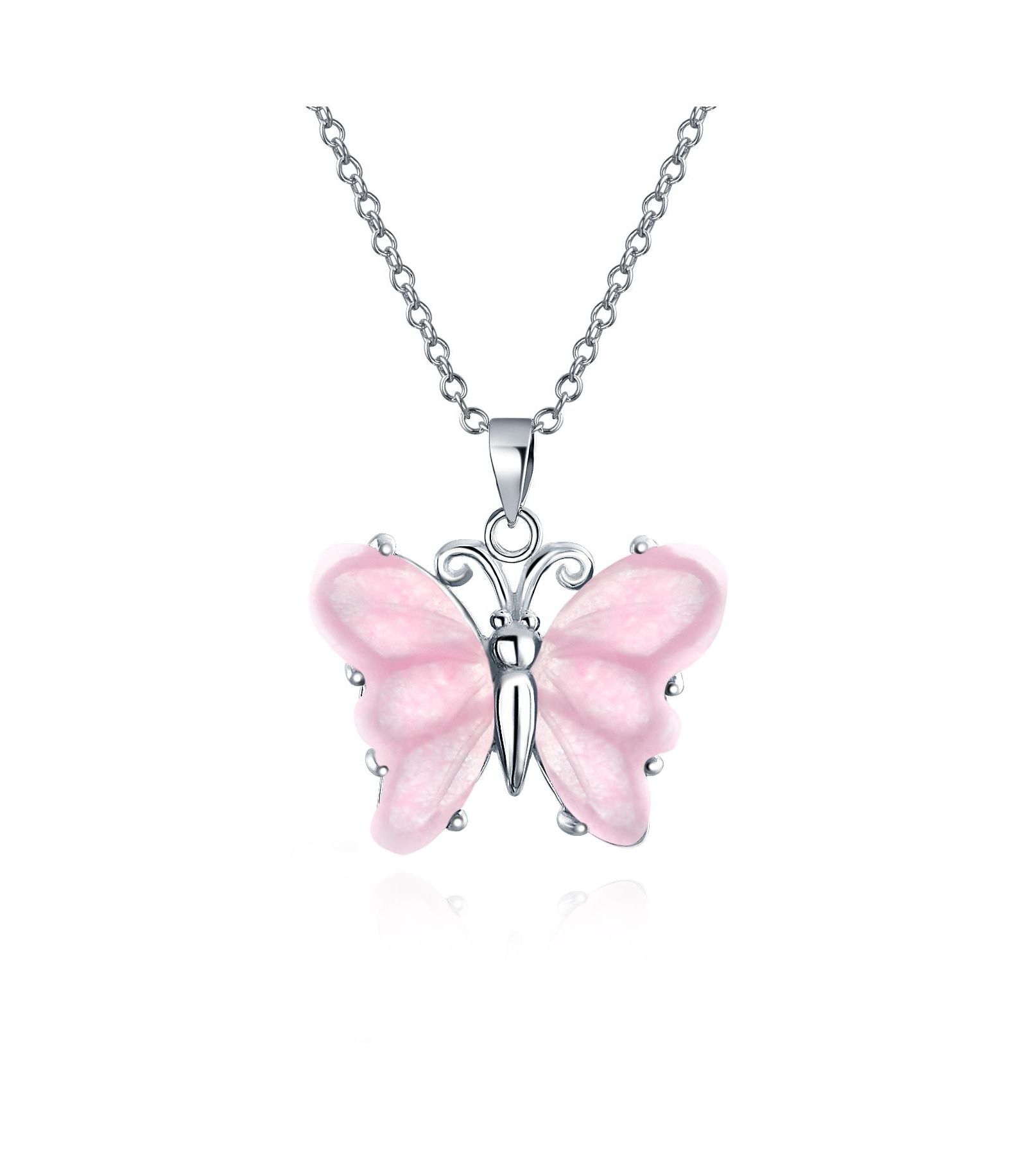 Подвеска ожерелье Bling Jewelry с зеленым нефритом или розовым кварцем Garden Butterfly,.925 Sterling Silver