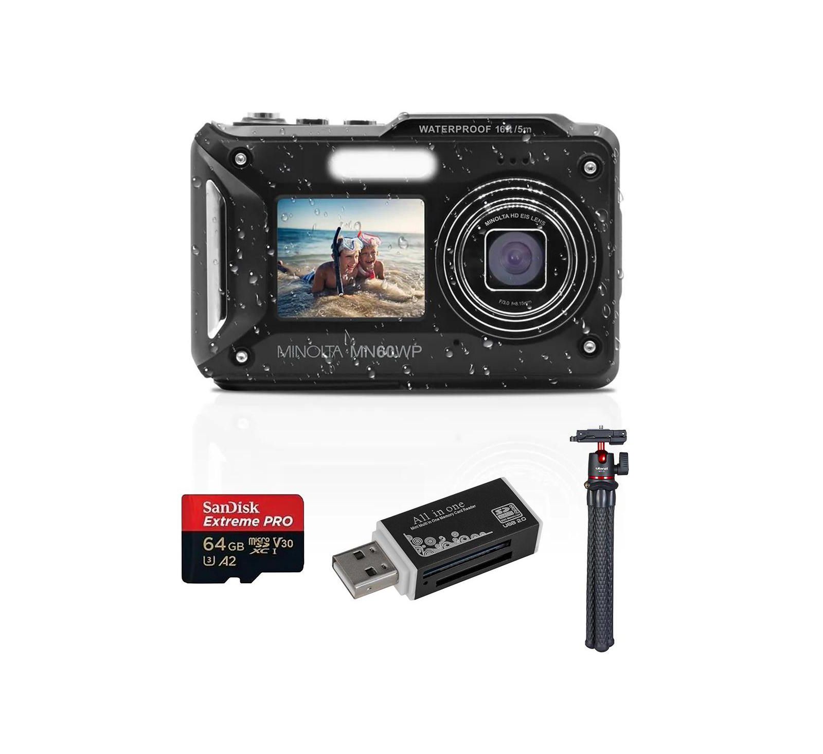 Minolta MN60WP 48MP 4K Dual LCD Digital Camera, Black, w/64GB Card and Tripod