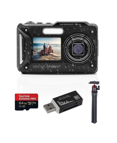 Цифровая камера Minolta MN60WP 48MP 4K Ultra HD, водонепроницаемая, черная, комплект с картой памяти 64GB, штативом MT-11 и USB-ридером