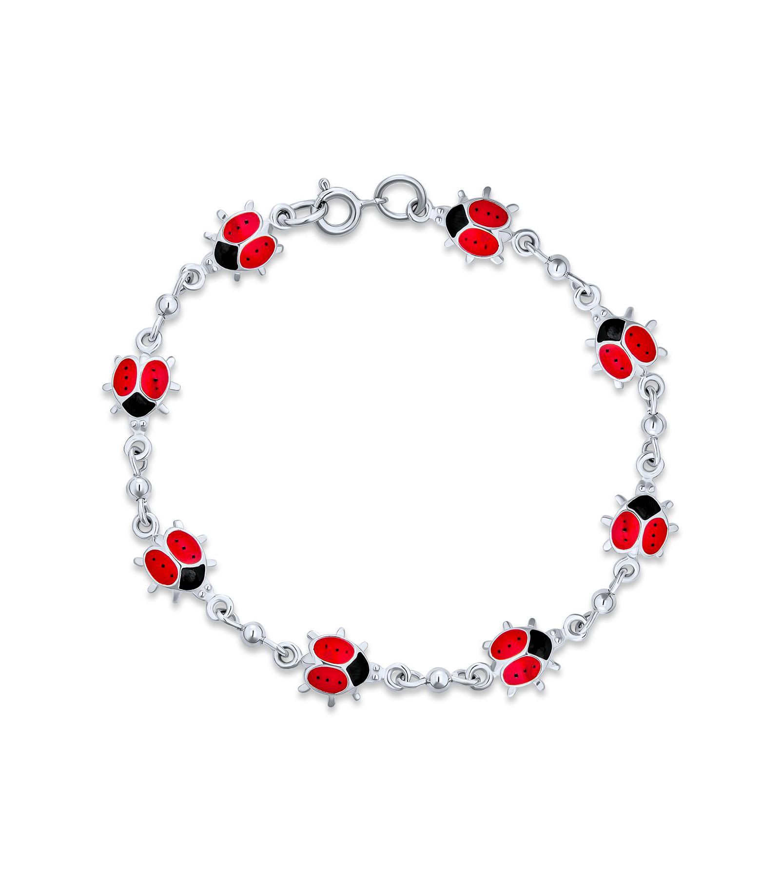 Bling Jewelry Good Luck Multi Charms Enamel Red Ladybugs Strand Bracelet .925 Sterling Silver