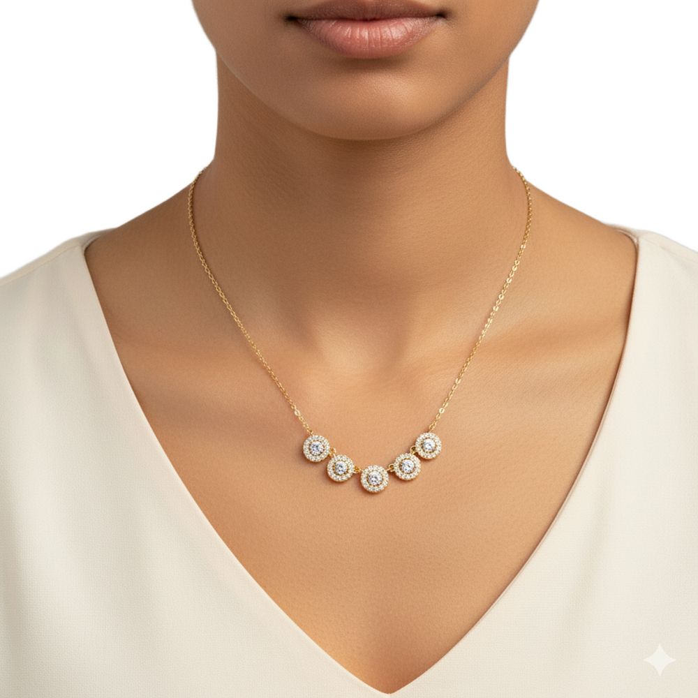 Etoielle Cocktail Necklace with Created White Topazs Rounds and CZ Halo Solitaire Gold Over Silver 18 Inches Adjustable