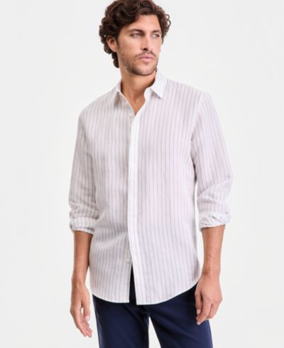 Мужская рубашка Alfani Long-Sleeve Linen-Blend Striped Button-Up