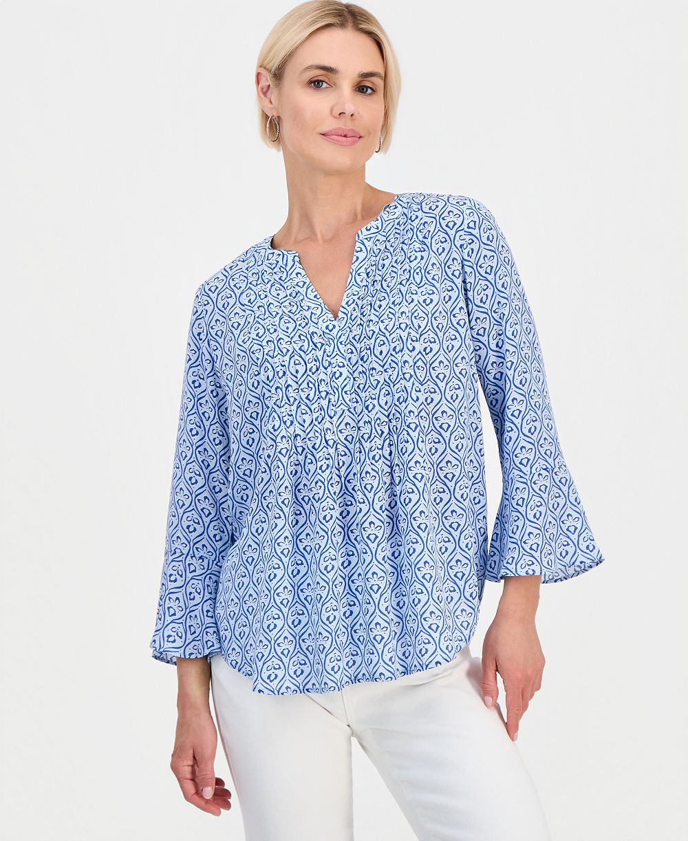 Style & Co Petite Printed Pintuck Bell-Sleeve Top, Macy's Exclusive