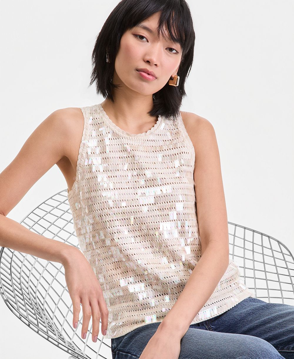 I.N.C. International Concepts Women's Sequin Crochet Cotton Tank Top, Macy's Exclusive