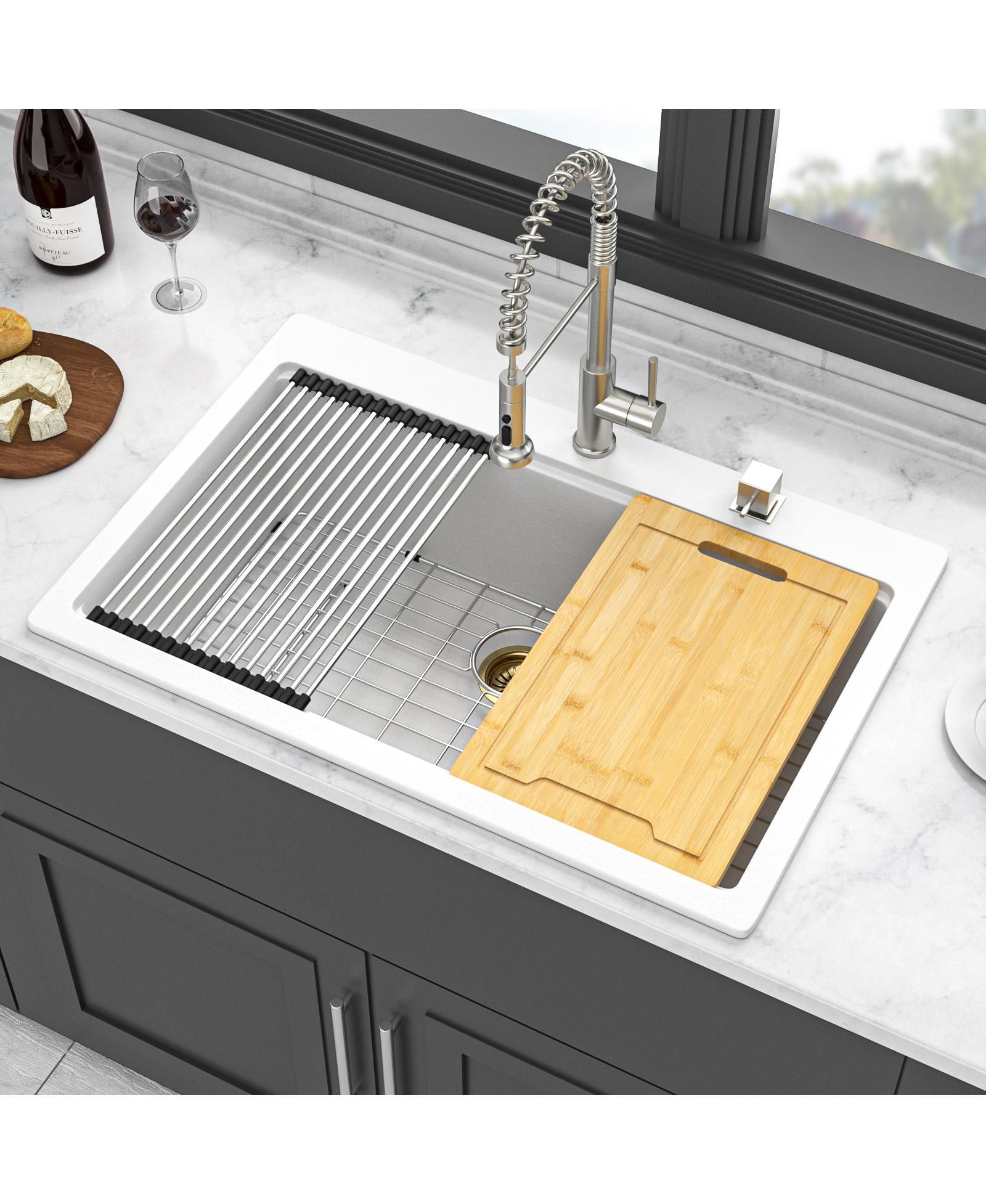 flynama 33x22x9.65inch White Quartz Composite Kitchen Sink Workstation Drop In Granite